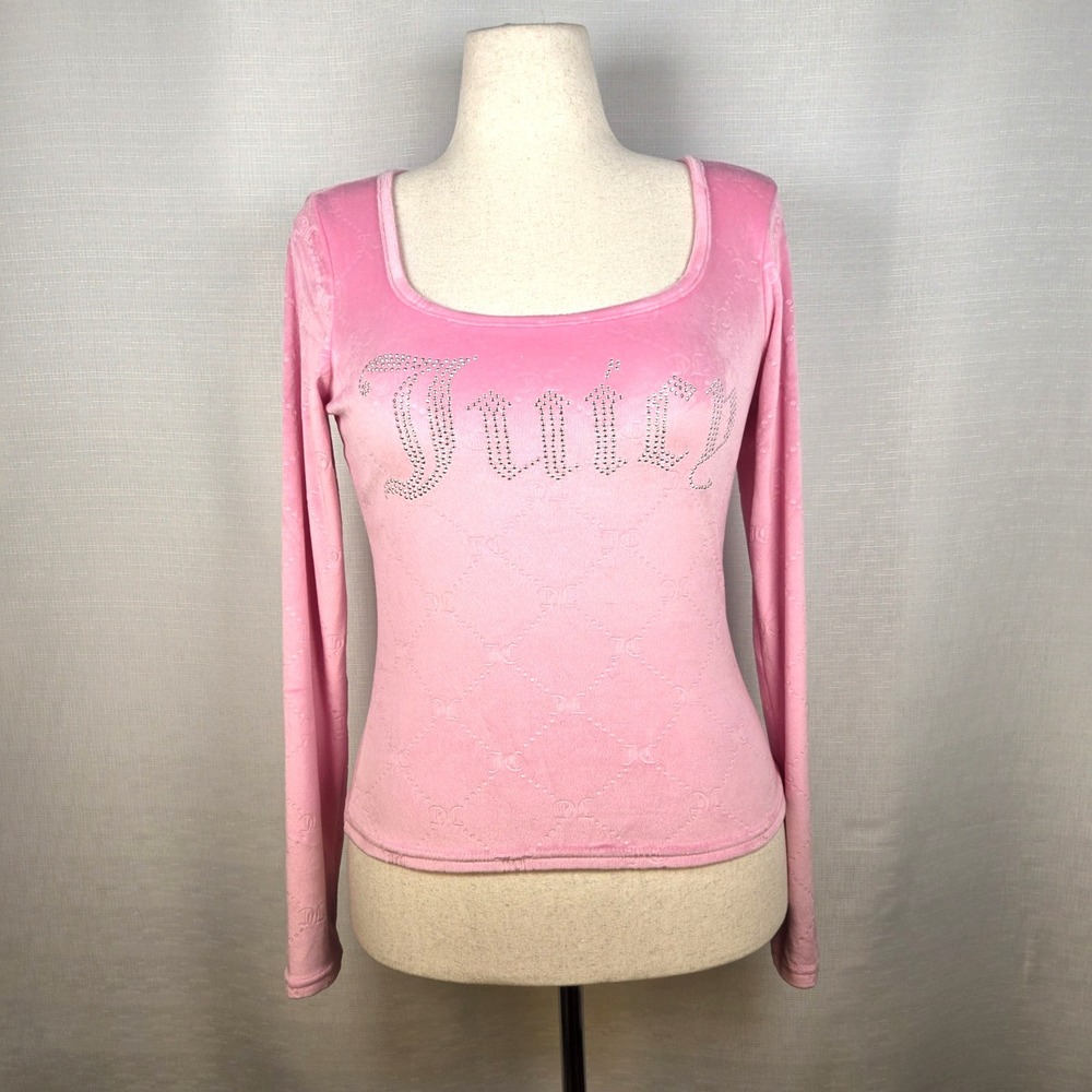 Juicy Couture Pink Velour Top Women's Medium Long Sleeve Sleepwear Rhinestones - Picture 2 of 10